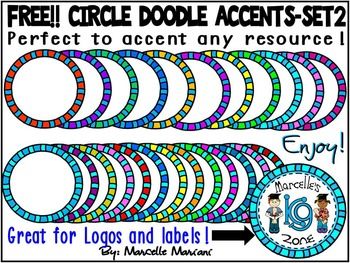 Free circle doodle accent set with colorful borders for educational resources, logos, and labels by Marcelle Marican.