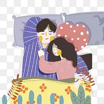 A cozy illustrated couple hugging in bed under a floral blanket with heart and striped pillows.