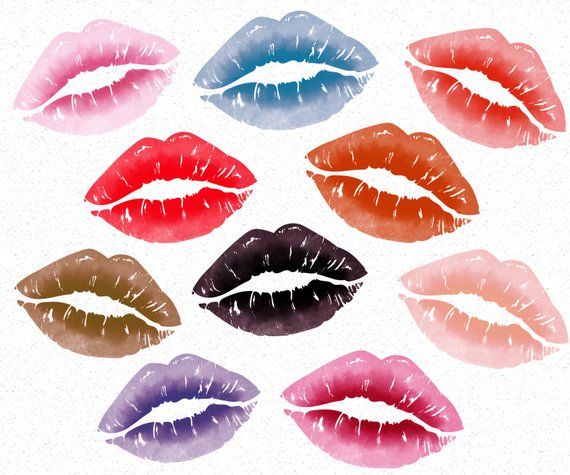 Collection of ten colorful lipstick kiss marks in watercolor style on textured white background.