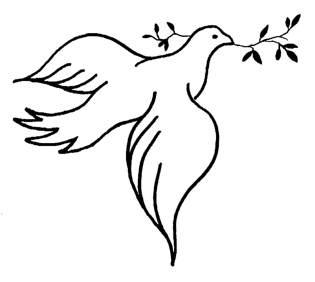 Line drawing of a dove in flight carrying an olive branch, symbolizing peace.