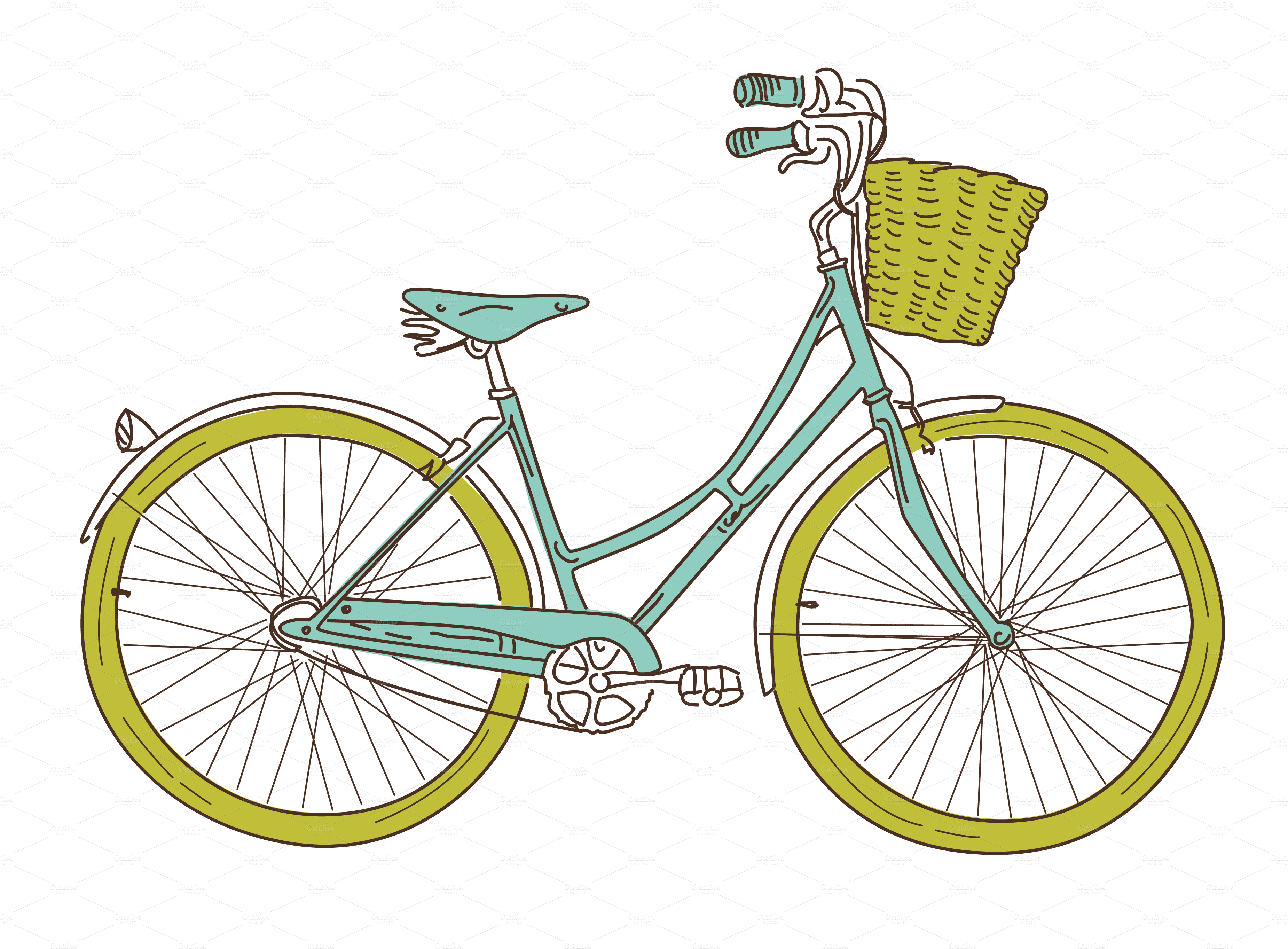 Stylish vintage-style bicycle with mint frame, olive wheels, and woven front basket on black patterned background.