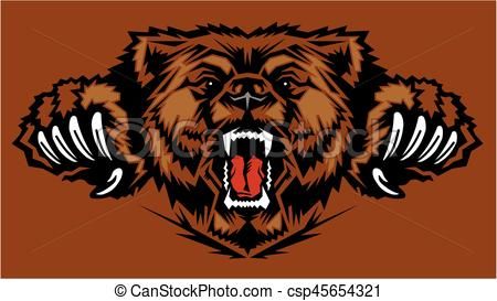Fierce roaring brown bear with extended claws, stylized vector illustration on brown background.