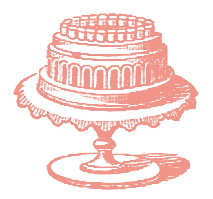 Vintage-style coral illustration of a three-tiered cake on an ornate pedestal stand.