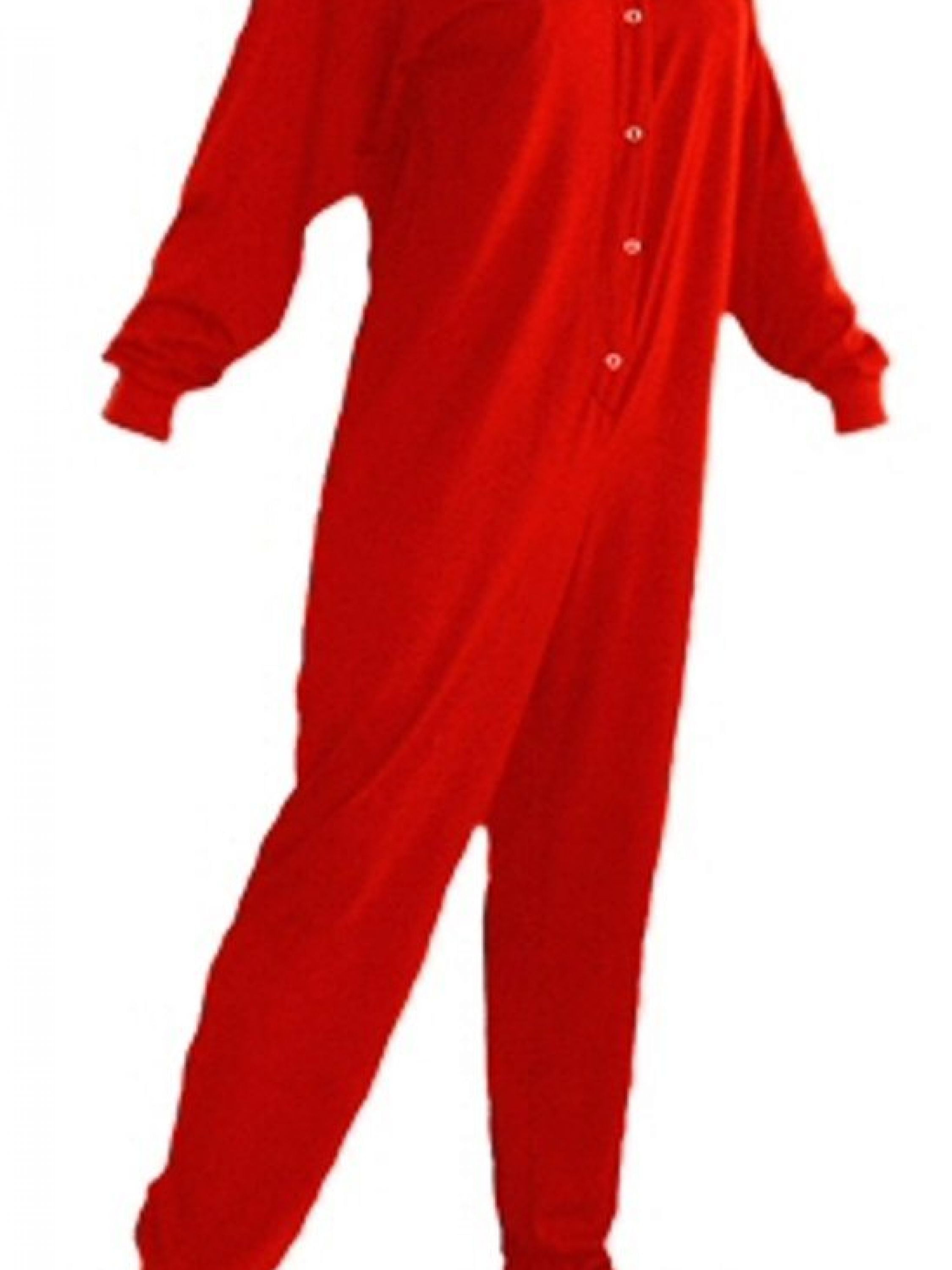 Vibrant red one-piece footed pajama suit with front snap buttons and long sleeves, shown on mannequin against white background.