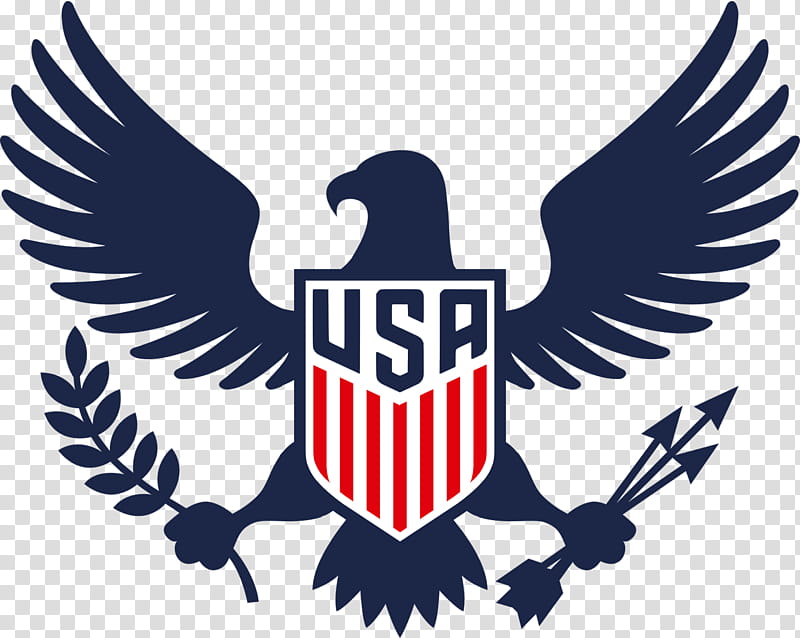 Navy blue bald eagle with outstretched wings, holding olive branch and arrows, shielding a red-and-white striped shield with "USA" in blue.