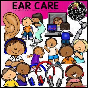 Colorful clipart set showing diverse children, ear anatomy, hearing aids, headphones, and ear care professionals.