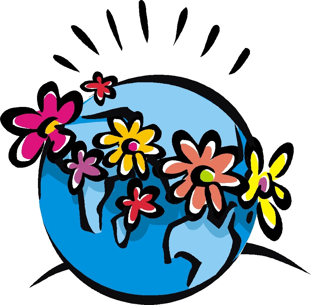 Blue Earth globe adorned with colorful flowers and sun rays, symbolizing environmental harmony and global ecology.
