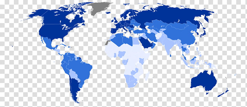 World map with countries shaded in varying blue tones indicating data intensity or ranking, gray for unavailable data.