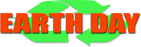 Green recycling symbol with bold orange "EARTH DAY" text overlaid, representing environmental awareness and sustainability.