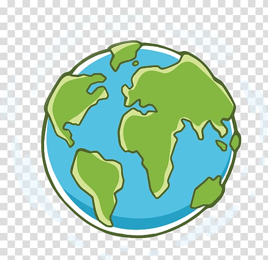 Cartoon-style Earth globe with green continents and blue oceans on transparent background.
