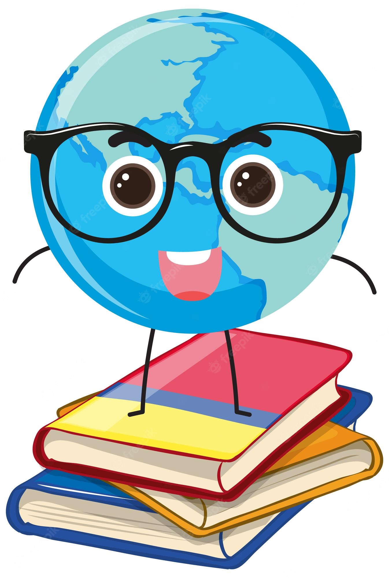 A smiling cartoon Earth wearing glasses, standing on a stack of colorful books.