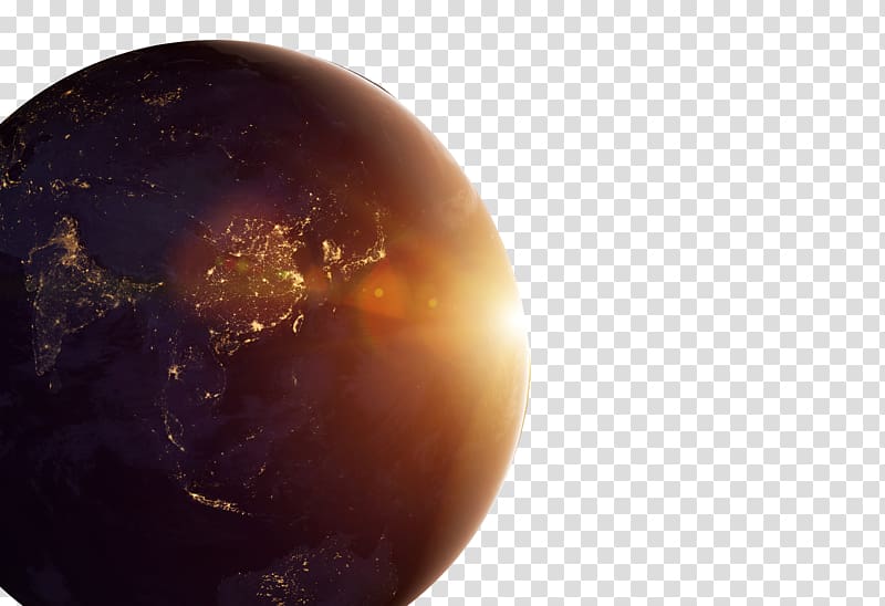 Earth at night with city lights and sunrise glow on the horizon, viewed from space.