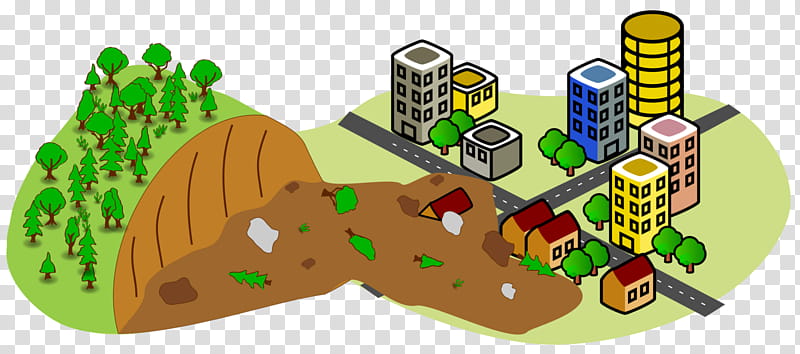Illustration of a landslide damaging homes and infrastructure near a forested hillside and urban area.