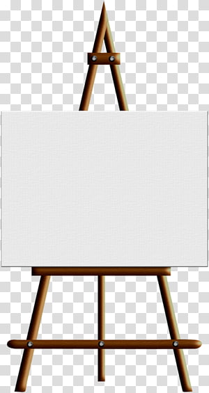 Wooden artist easel holding a blank white canvas on transparent background.