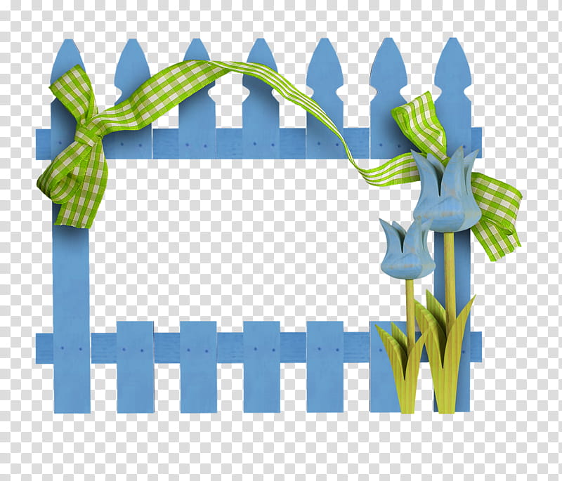 Blue picket fence frame with green gingham ribbon and tulip decorations on transparent background.
