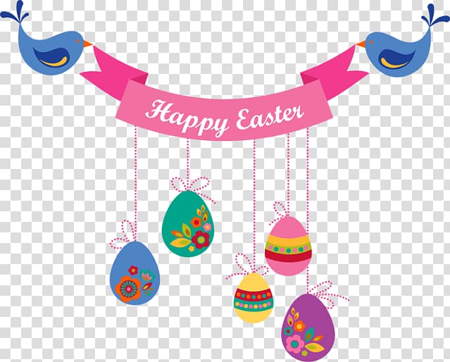 Colorful Easter eggs hanging from a pink "Happy Easter" banner held by two blue birds.