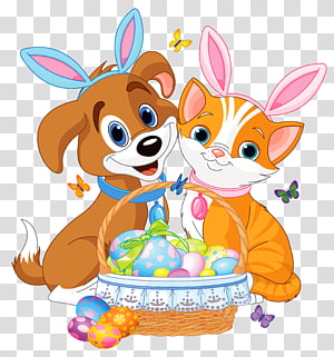 Cute cartoon dog and cat wearing bunny ears, smiling beside an Easter basket filled with colorful eggs and butterflies.