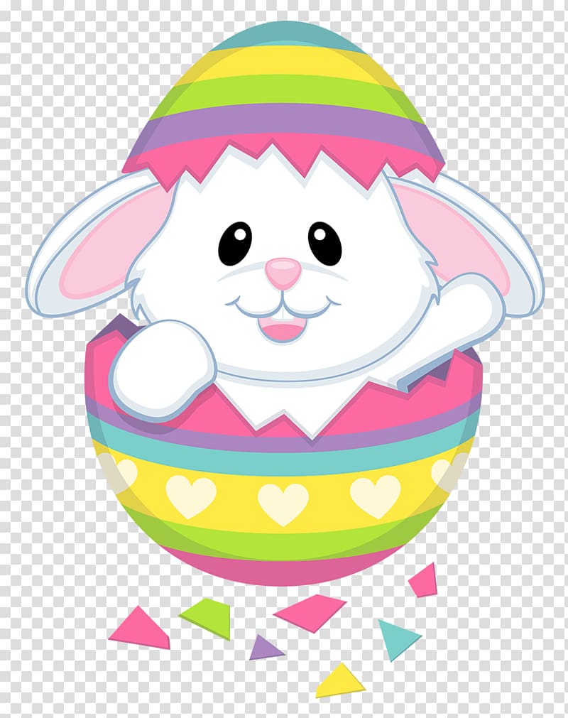 Cute white bunny peeking out of a colorful striped Easter egg with heart patterns and confetti.