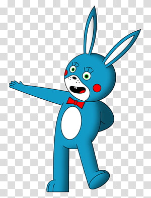 Blue cartoon rabbit mascot with red bowtie, wide eyes, and open mouth, striking a playful pose.