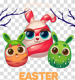 Three cute cartoon Easter bunnies-orange, pink, and green-with big eyes and festive ears under bare branches, labeled "EASTER".