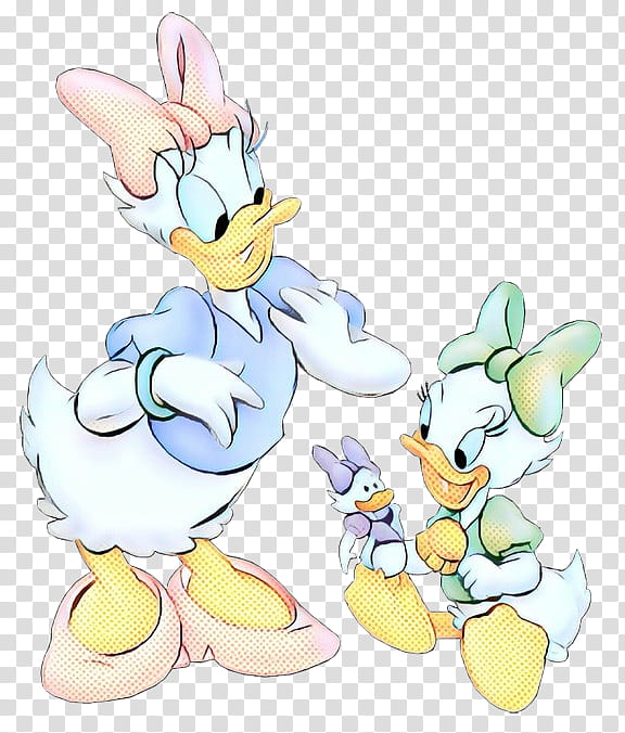 Daisy Duck with her nieces Webby and April in a cheerful cartoon illustration, featuring halftone shading and expressive poses.