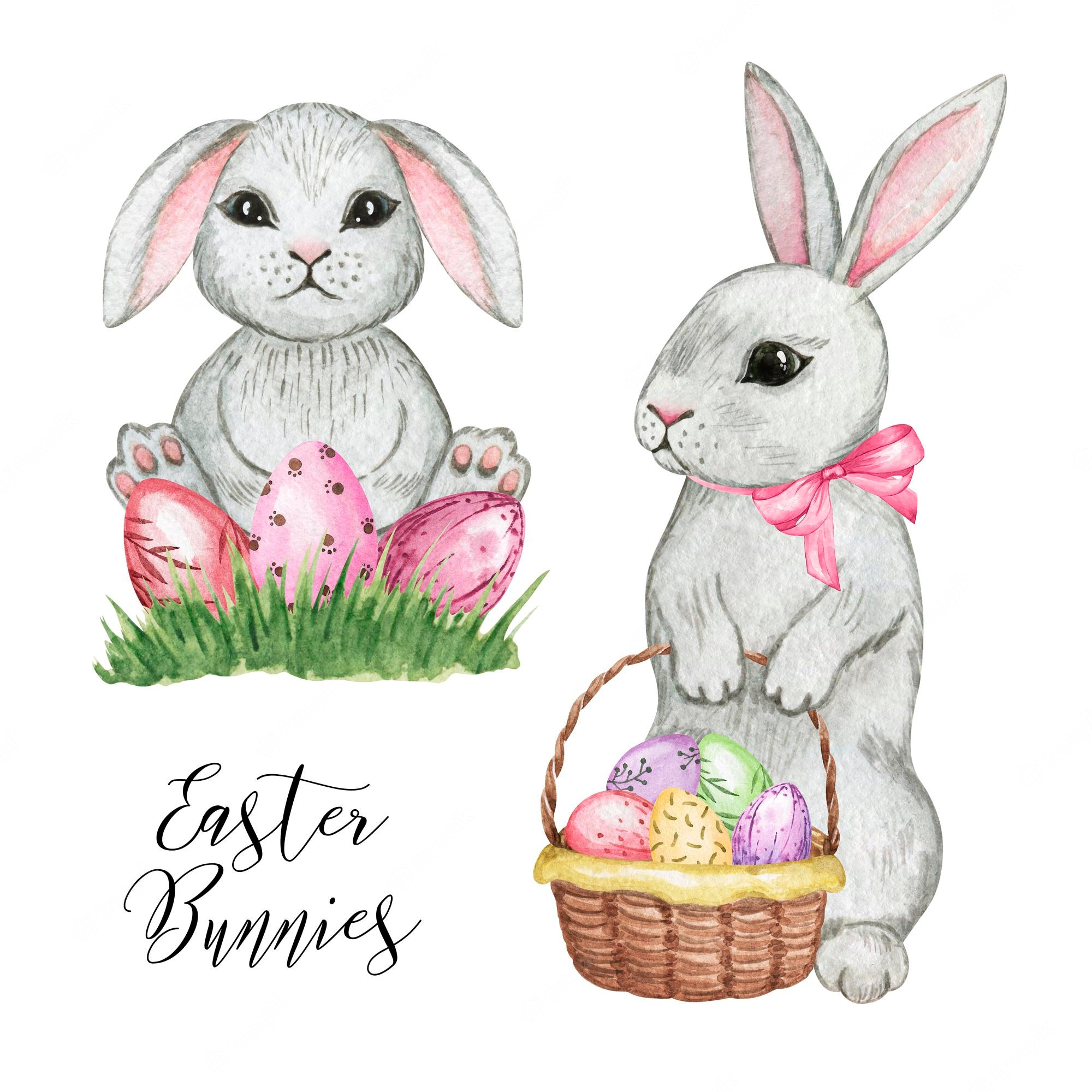 Charming Watercolor Easter Bunnies with Decorated Eggs | Festive Illustration