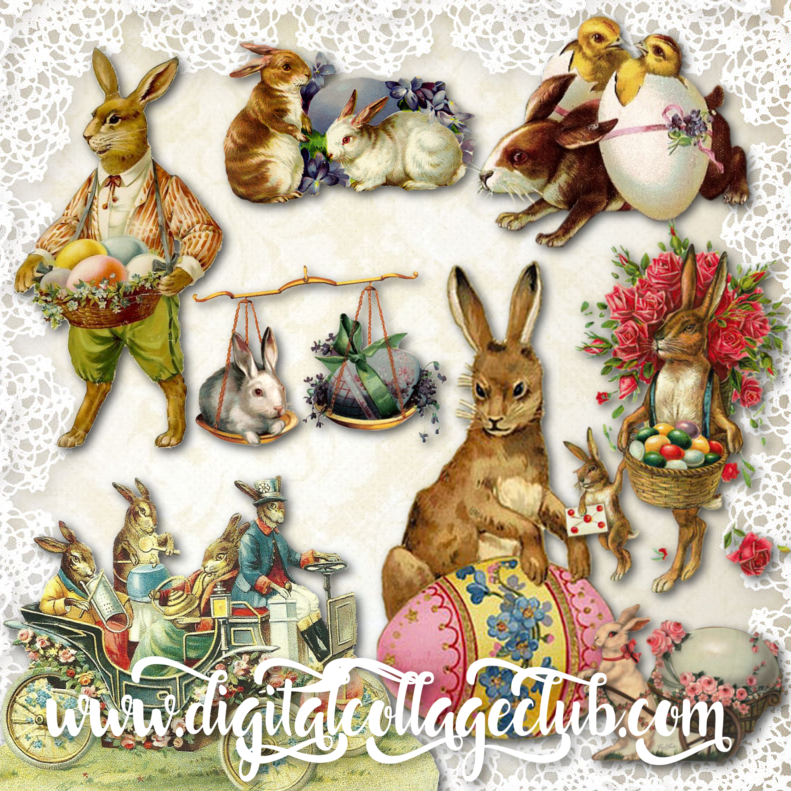 Vintage Easter collage featuring anthropomorphic rabbits, decorated eggs, flowers, and lace background.