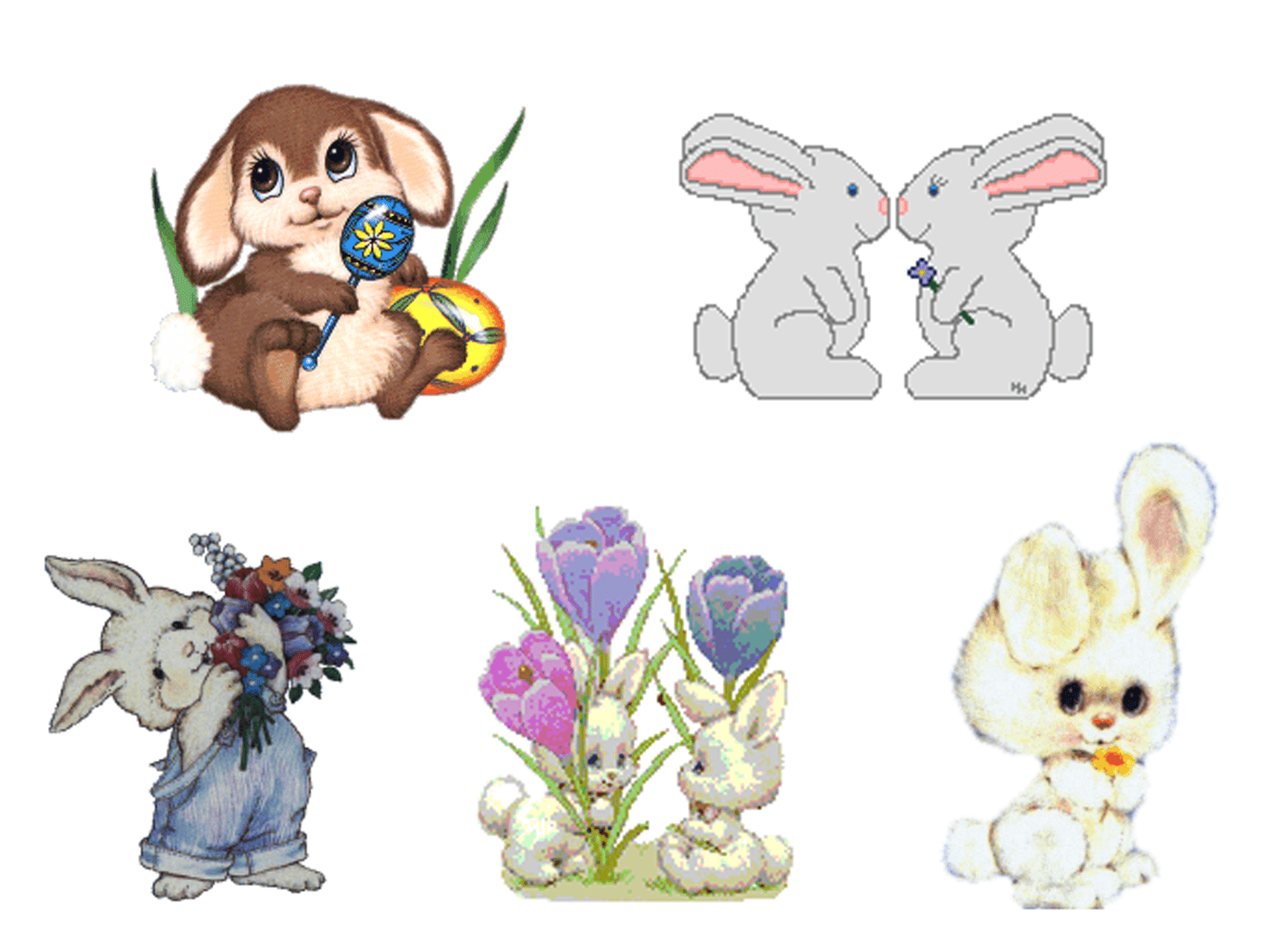 Five charming Easter bunny illustrations: holding eggs, flowers, and crocuses; two gray bunnies sharing a flower.