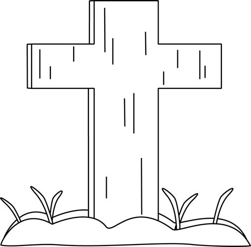 Simple black-and-white line drawing of a wooden cross standing in grass, suitable for coloring or religious illustration.