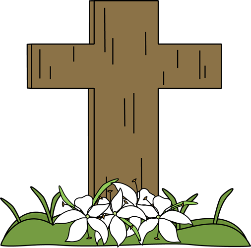 Wooden cross with white lilies and green grass at its base, symbolizing hope and resurrection.