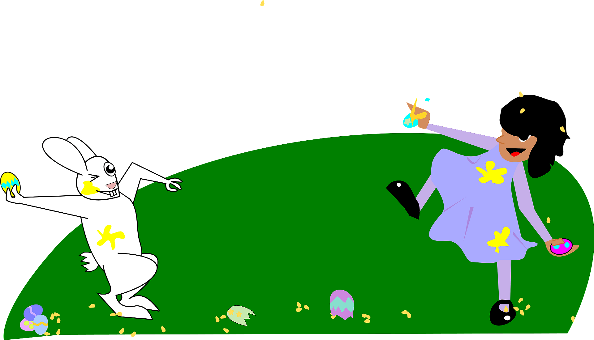 A joyful girl and a white bunny toss colorful Easter eggs on a green hill under a gray sky.