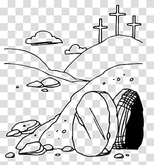 Empty tomb with rolled-away stone, three crosses on a hill, and clouds-symbolizing the Resurrection of Jesus Christ.