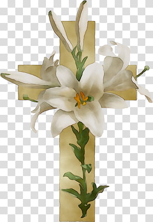White Easter lily entwined with a golden cross, symbolizing resurrection and purity in Christian tradition.
