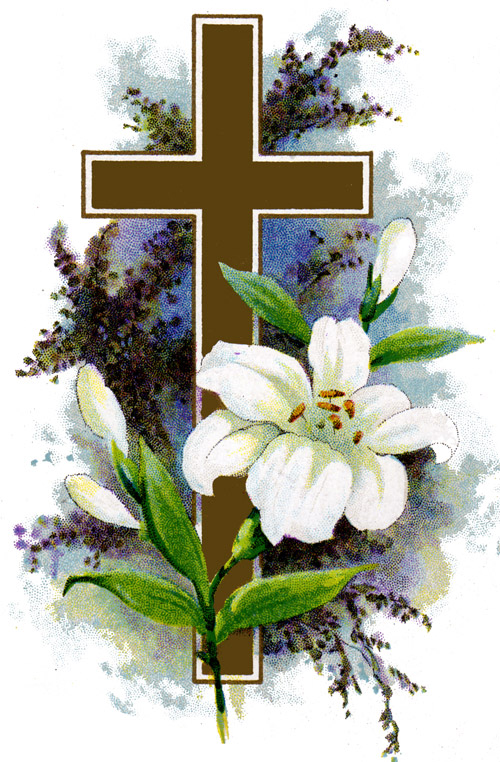 Brown Christian cross surrounded by white lilies and purple foliage in a devotional illustration.