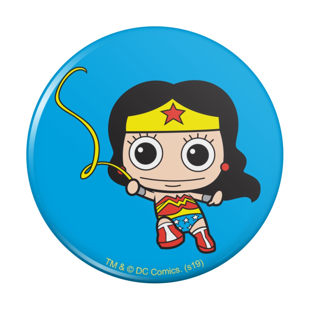 Chibi-style Wonder Woman with lasso, yellow tiara, and classic costume on blue button background.