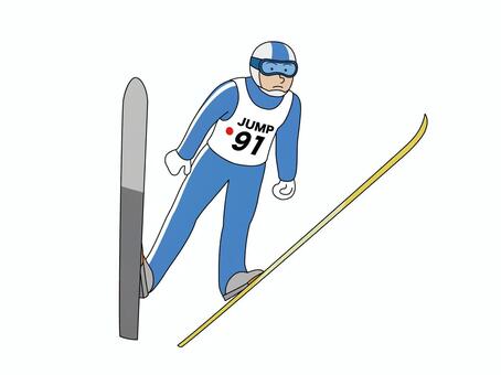 A ski jumper in blue suit with bib number 91 mid-air, one ski vertical, the other angled downward, wearing helmet and goggles.