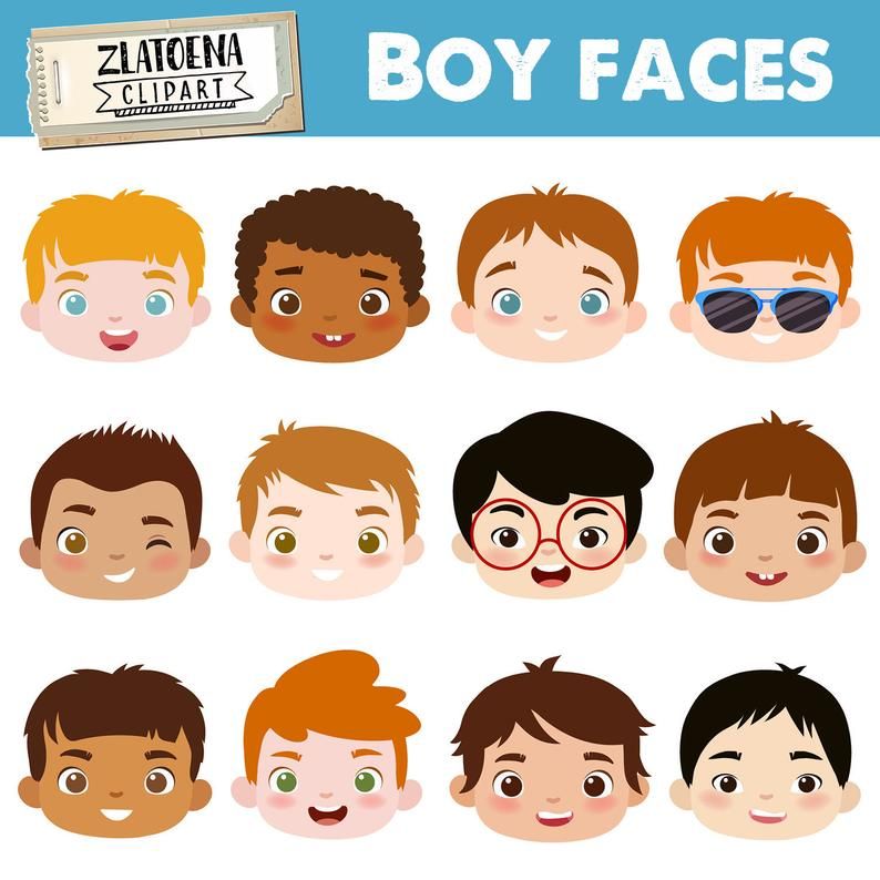 Collection of 12 diverse cartoon boy faces with varied hair, skin tones, expressions, and accessories like glasses and sunglasses.