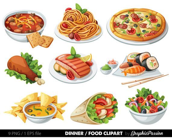 Collection of dinner food clipart including pizza, pasta, sushi, salad, taco, soup, chicken, and nachos.
