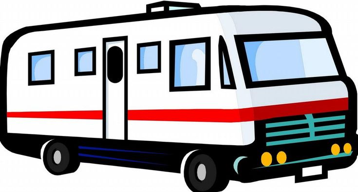 White and red recreational vehicle (RV) with blue windows, black trim, and front grille lights.
