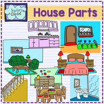 Colorful cartoon illustration of various house parts including kitchen, bedroom, living room, bathroom, staircase, and front door.