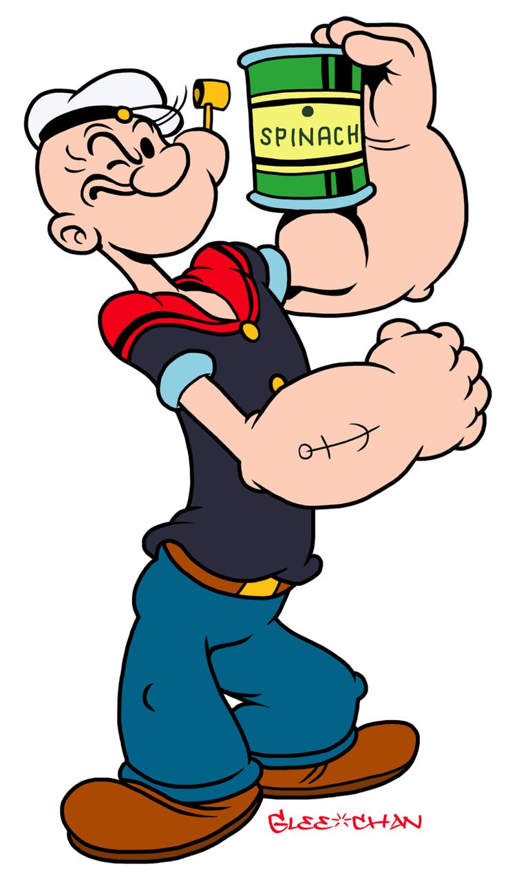 Popeye the Sailor Man flexing his bicep while holding a can of spinach, smiling confidently.