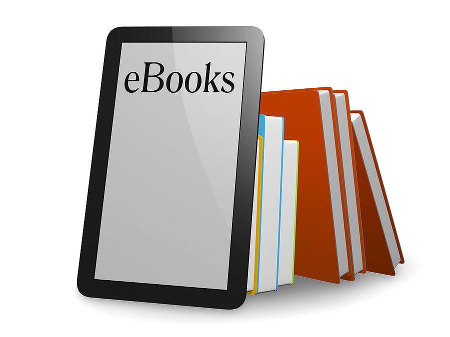 E-reader displaying "eBooks" with physical books fanned behind it, symbolizing digital vs. print reading formats.