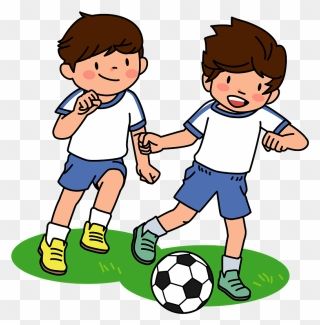 Two smiling boys in soccer uniforms playing with a football on green grass.