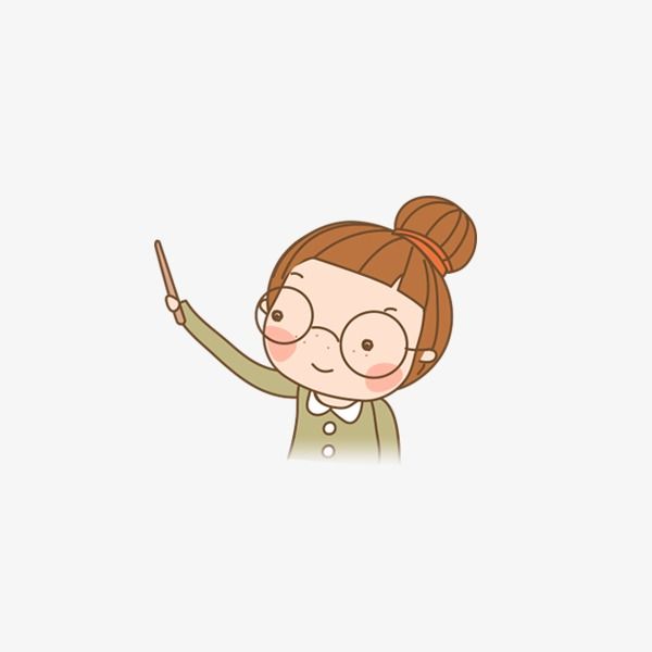 A cheerful cartoon teacher with glasses and a bun, pointing upward with a pointer stick.