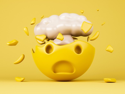 A yellow egg-shaped character with a surprised expression, cracked open to reveal a fluffy white brain amid flying yellow fragments.