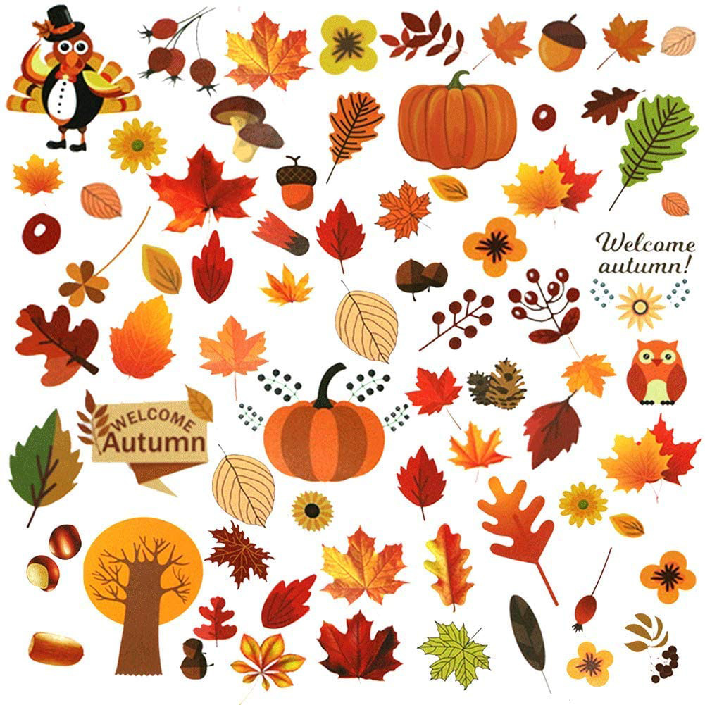 Autumn-themed clipart collection with pumpkins, leaves, acorns, owl, turkey, and "Welcome Autumn" signs.