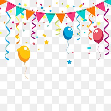 Colorful party banner with balloons, confetti, and streamers on transparent background.