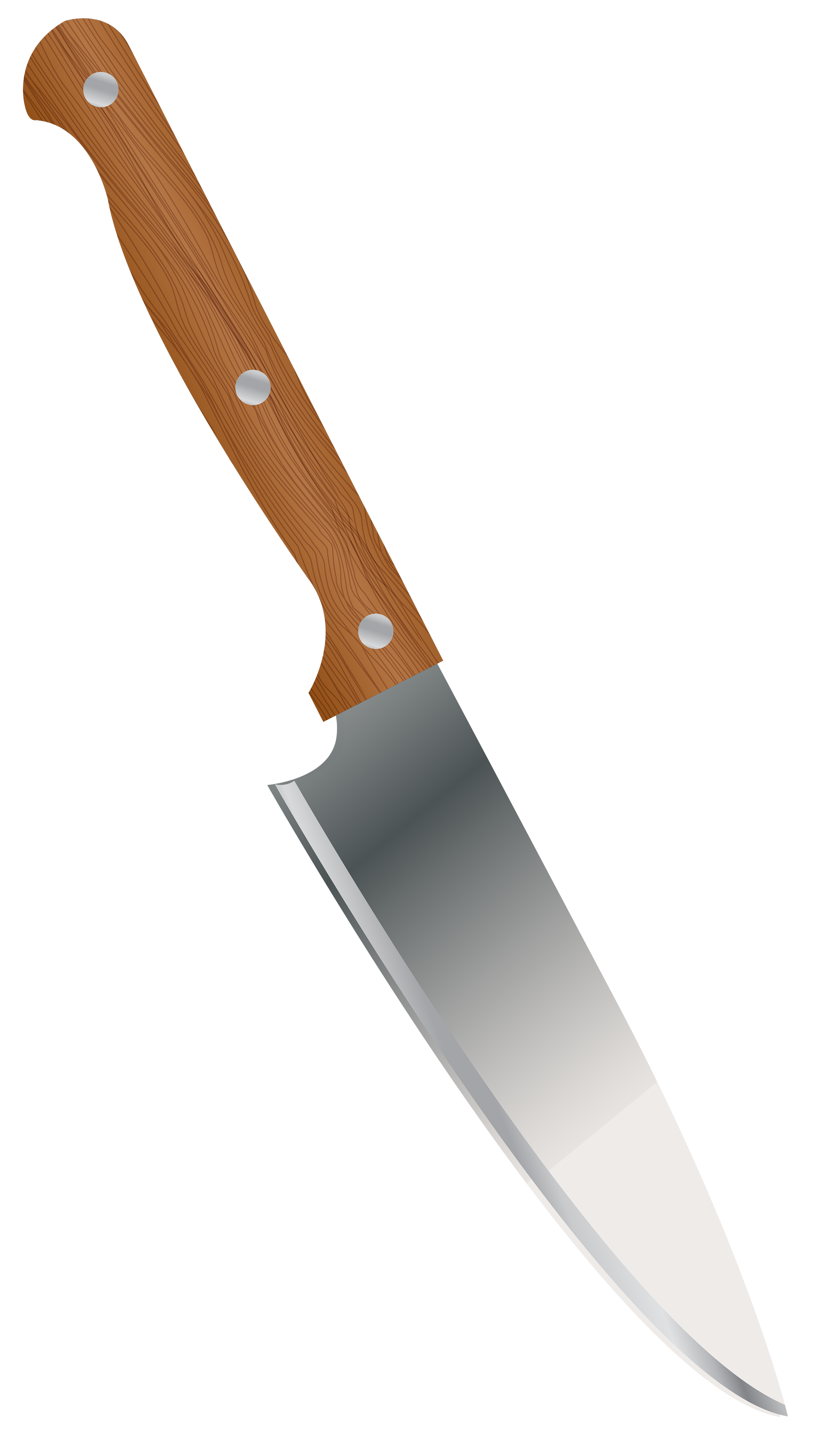 A chef’s knife with a polished wooden handle secured by three silver rivets and a sharp stainless steel blade, isolated on black.