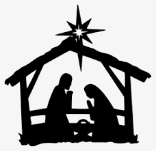 Silhouette of the Nativity scene with Mary, Joseph, baby Jesus in a manger, and the Star of Bethlehem above.