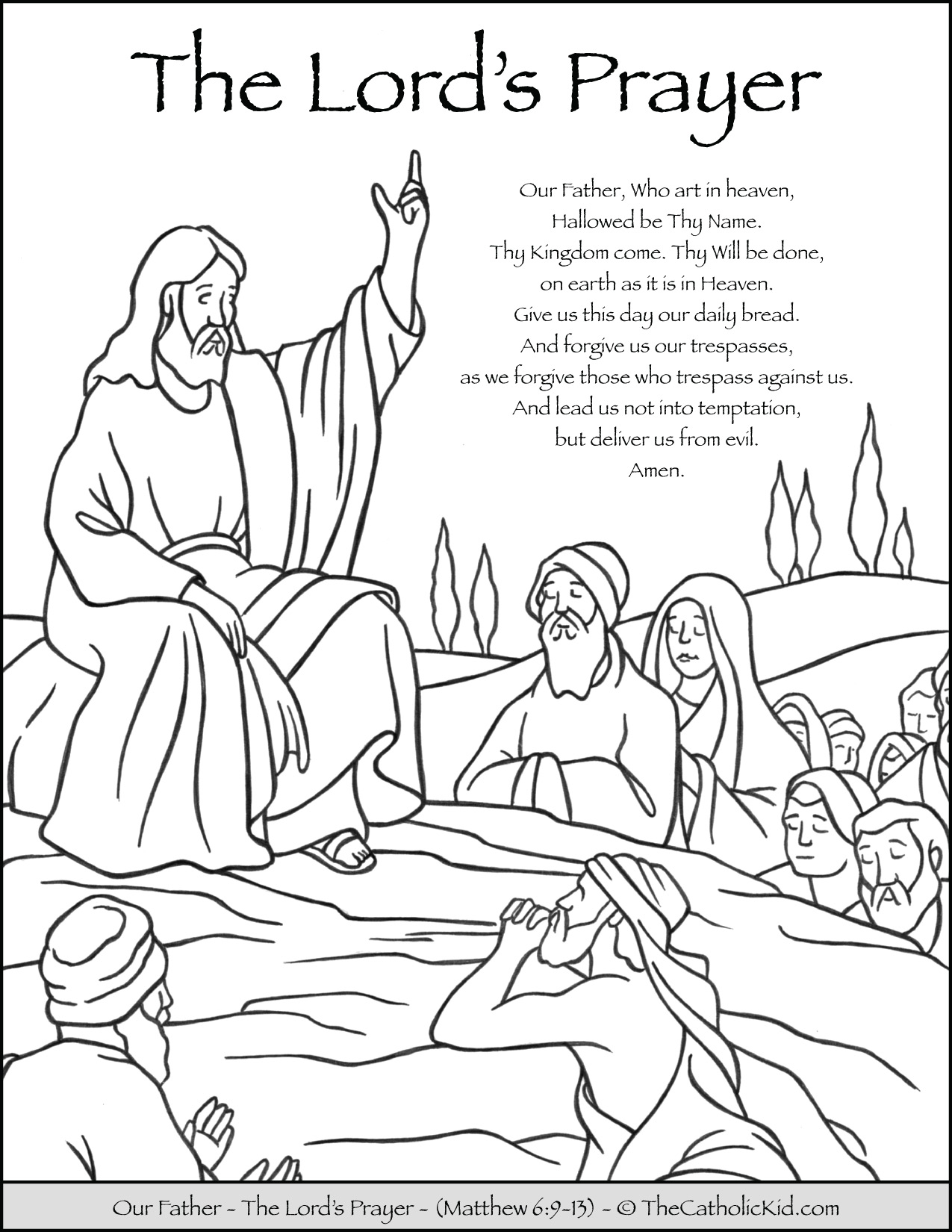 Jesus teaching the Lord’s Prayer to disciples on a hillside, black-and-white coloring page illustration.